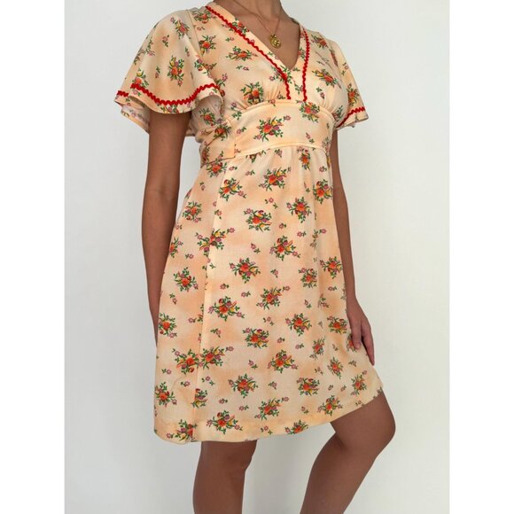 70s vintage handmade pink orange floral print cute coquette midi summer dress - Picture 4 of 9